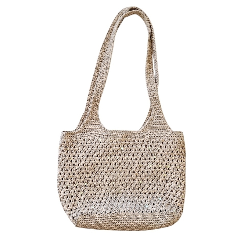 The Sak Boho Crochet Sparkling Sequin Hobo Bag Beige Knit Tote Festival Summer